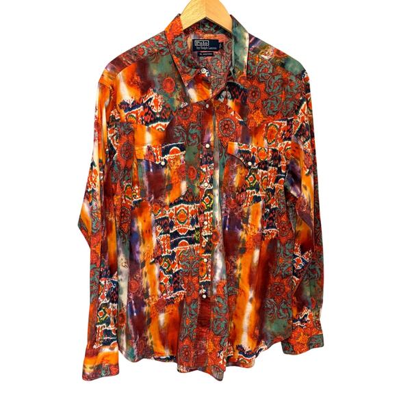 Vintage Polo by Ralph Lauren Western Tie Dye Ikat Pearl Snap Shirt - size Large - Picture 1 of 5